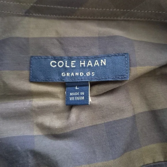 Cole Haan Men L Button Down Blue Gray Plaid Check Long Sleeve Cotton Blend - Picture 6 of 6